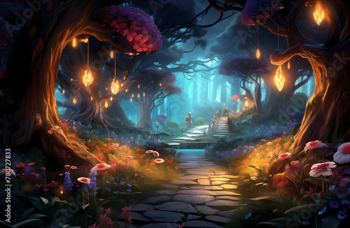 Storybook Background  Magical Forest Path with Glowing Lanterns in a Mystical Night Setting