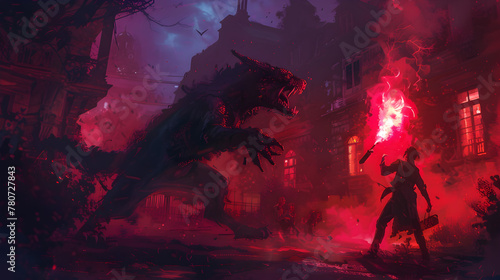 A suspenseful scene depicting a man with a flaming torch facing off against a ferocious Chupacabra in a gothic setting.