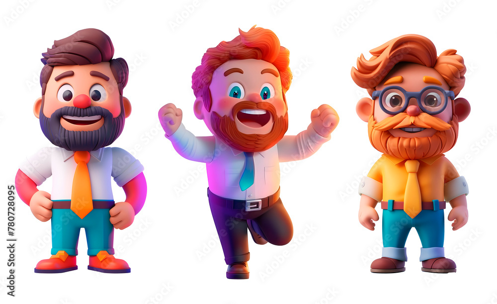 Three dimensional cartoon characters figures of men with beards. Happy team of office workers.