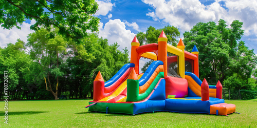 colorful inflatable bounce house in a park