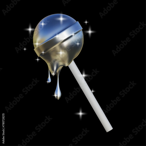 Y2k chrome liquid lollipop. Melting ball of sparkles in a smooth metallic texture. Vector illustration of 3D candy.