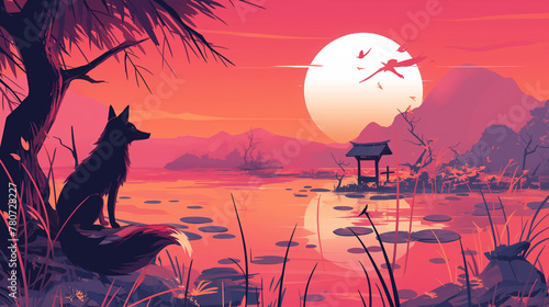 Raposa vermelha em um lago ao por do sol rosa - Ilustração