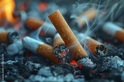 Detailed image showing multiple cigarettes in varying states of burn against a dark ashy background photo