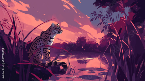 Jaguatirica em um lago ao por do sol rosa - Ilustração