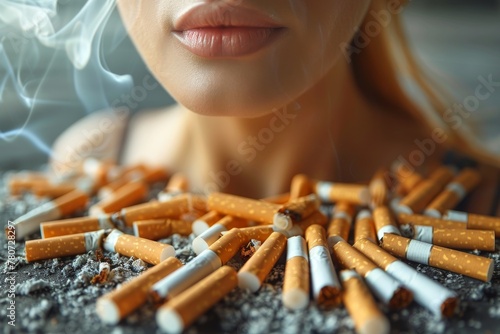 A woman's lips exhaling smoke with a pile of extinguished cigarettes suggest addiction and health risks