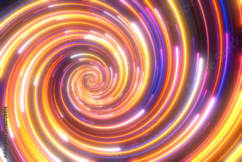 Colorful glowing spiral in rotation. Abstract background in blue and yellow neon colors. Rotating galaxy. Space background for event, party, carnival, celebration, anniversary or other. 3D rendering.