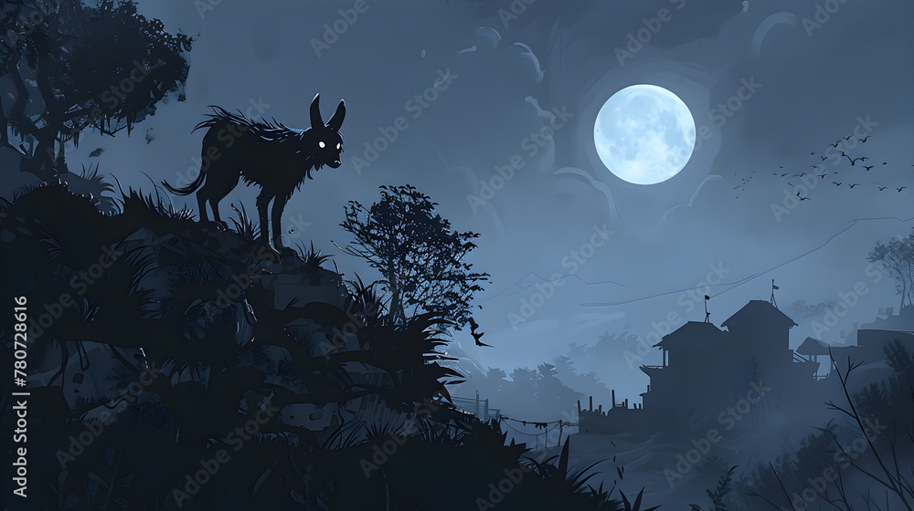 The mysterious silhouette of a canine creature stands on a hill under a full moon, stirring legends of creatures like the chupacabra.