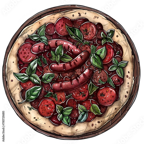 Graphical pizza with sausages on white background, bakery menu element . Illusatration generated with AI 
