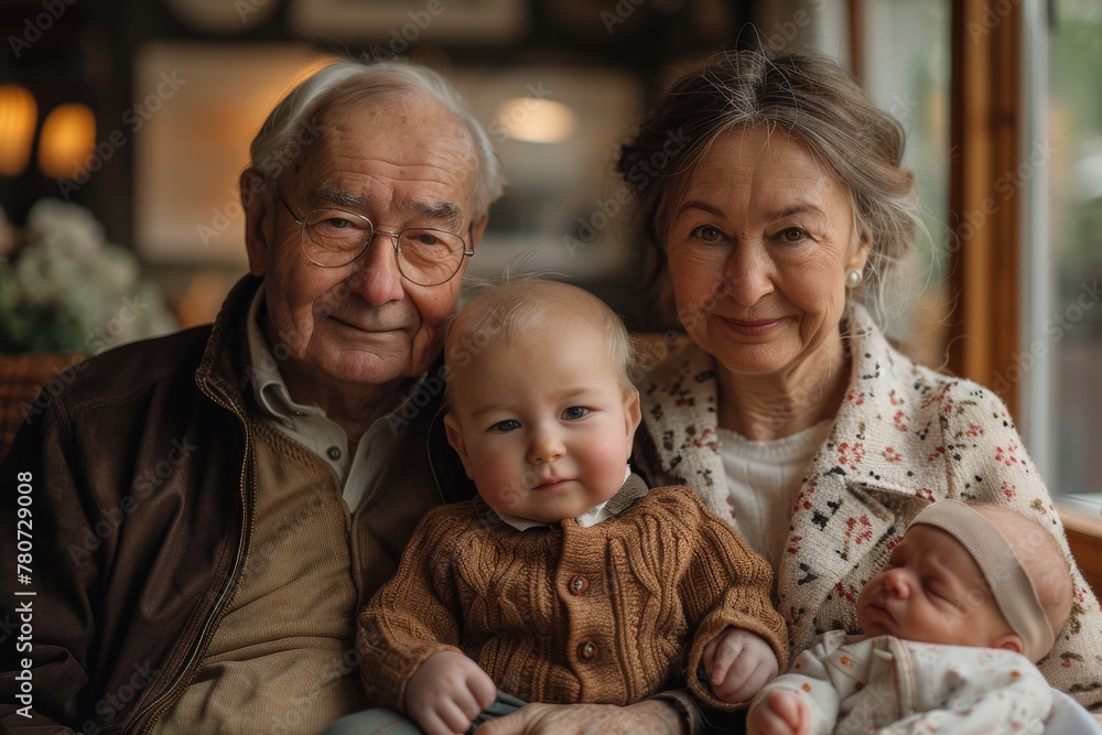 An intimate family portrait of grandparents with two young children, showcasing multi-generational connection An intimate family portrait of grandparents with two young children, showcasing multi-generational connection