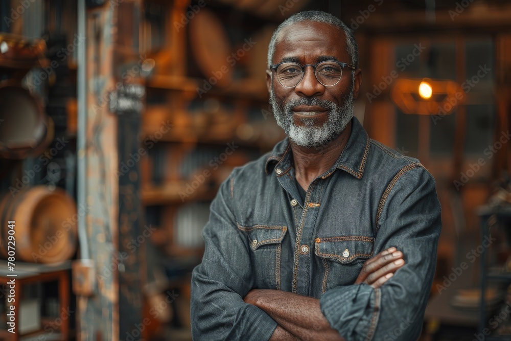 Full-frame shot of a mature black man standing confidently in a workshop environment, exuding experience