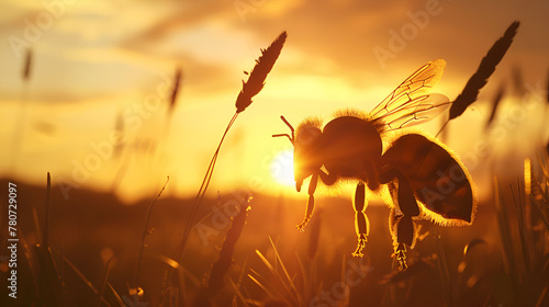  bee sitting on flower and collects pollen from flowers, macro photo of honey bee in the wild, ultra wide format ,Bee on yellow flower in the meadow at sunset photo