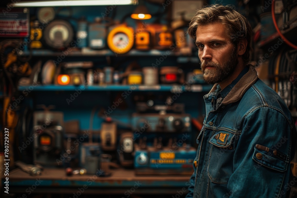 A ruggedly handsome bearded man with intense gaze stands in a cluttered vintage workshop, surrounded by various tools and equipment A ruggedly handsome bearded man with intense gaze stands in a cluttered vintage workshop, surrounded by various tools and equipment
