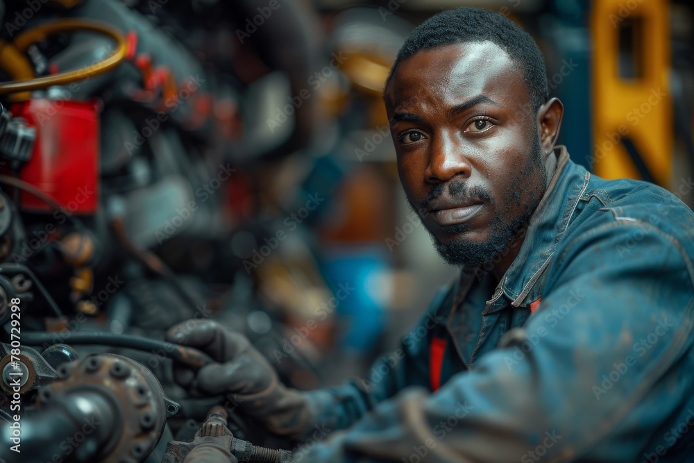 A determined African mechanic works with precision on machinery in a garage, his careful attention evident in his expression