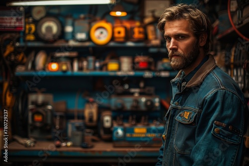 A ruggedly handsome bearded man with intense gaze stands in a cluttered vintage workshop, surrounded by various tools and equipment © Larisa AI