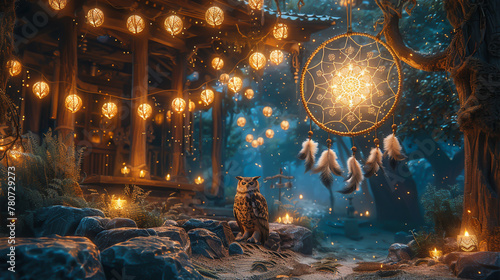 A dream catcher workshop in a sandbox under a starry sky, where children create their own dream catchers with the help of wise owls