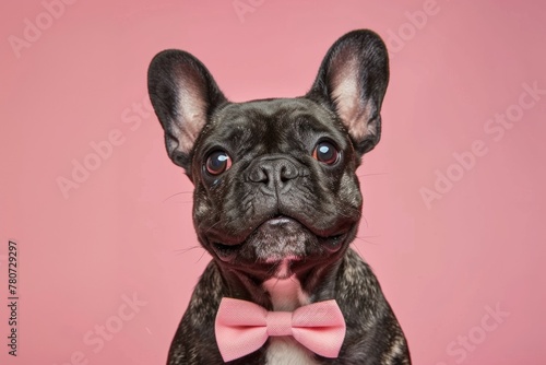 smartly dressed french bulldog in bow tie against plain bright pink backdrop, close up elegant dog wearing bowtie in studio © igorfrost