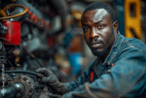 A determined African mechanic works with precision on machinery in a garage, his careful attention evident in his expression © Larisa AI