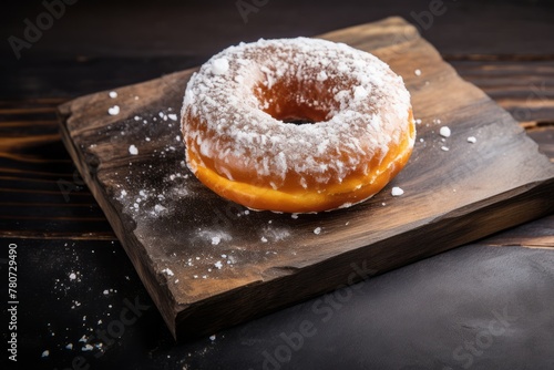 Tasty doughnut on a slate plate against a whitewashed wood background