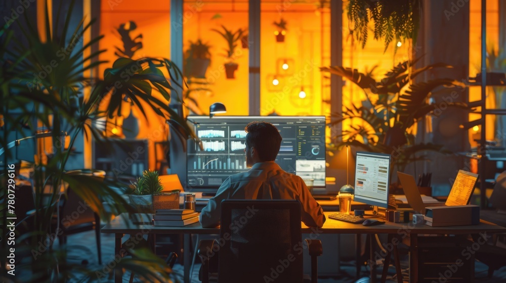 Contemporary Developer Working Late in Hi-Tech Office Environment