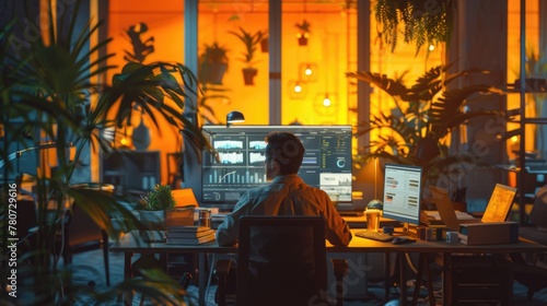 Contemporary Developer Working Late in Hi-Tech Office Environment
