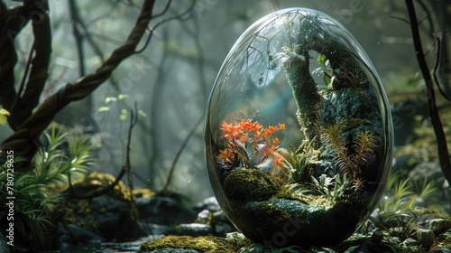 An intricate eggshaped hologram depicting a lush forest , mid body shot photo