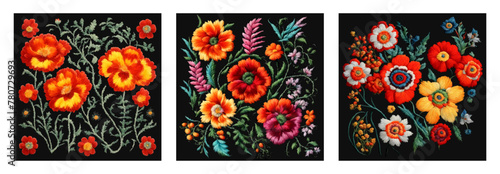 Vector set of traditional hungarian embroidery. Bright floral ornament on black background.