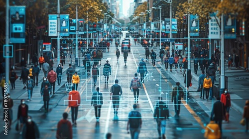 Urban Pedestrians in Bustling City with Advanced Facial Recognition Technology