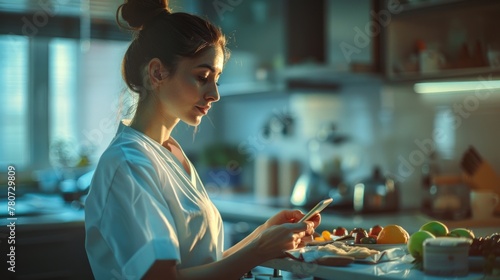 Serene Young Woman Using Smartphone in Sunlit Kitchen