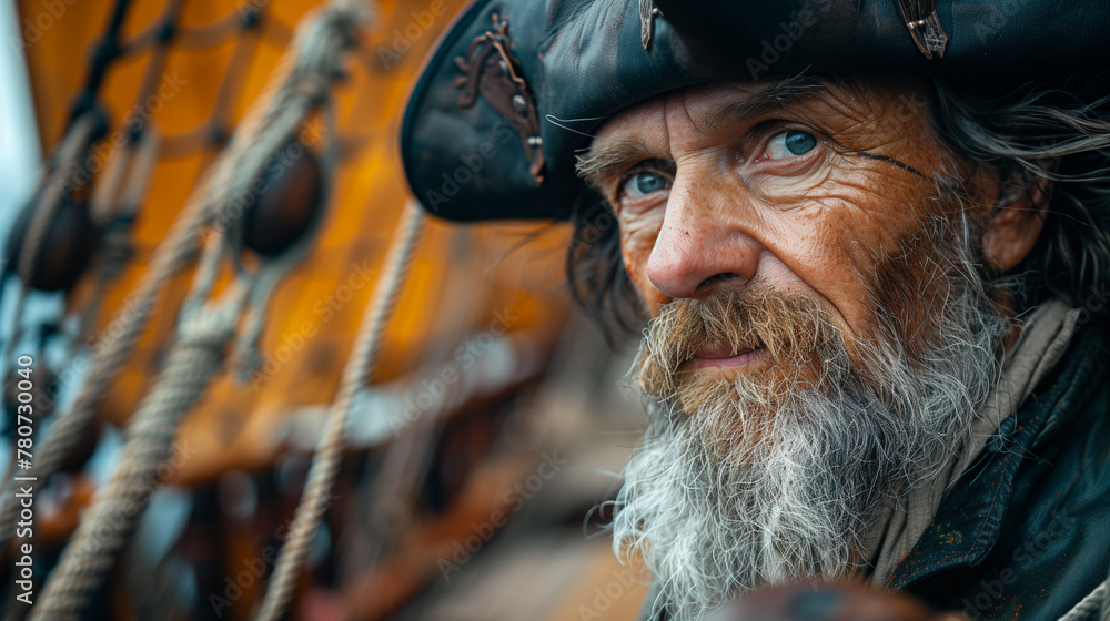 Weathered Pirate Captain Gazing Towards the Horizon at Sea During Golden Hour