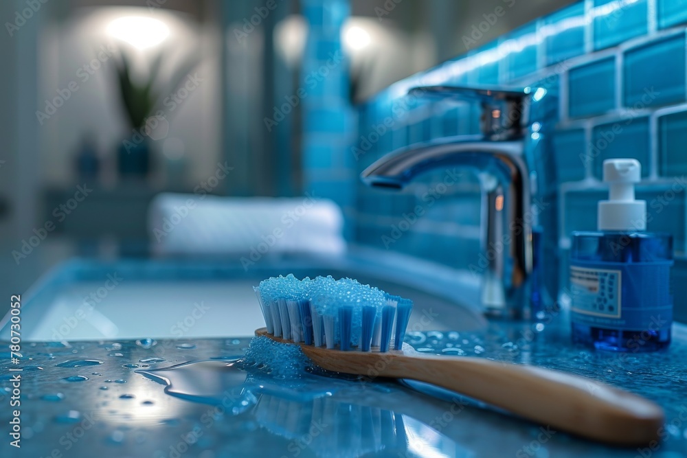 A stunning close-up of a toothbrush on a sleek bathroom counter, showcasing the modern design and clean aesthetic A stunning close-up of a toothbrush on a sleek bathroom counter, showcasing the modern design and clean aesthetic