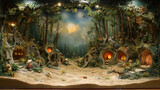An enchanted forest inside a sandbox, where mythical creatures and children play hide and seek among magical trees
