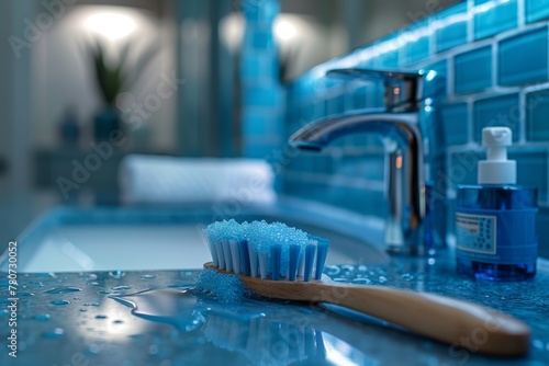 A stunning close-up of a toothbrush on a sleek bathroom counter, showcasing the modern design and clean aesthetic photo