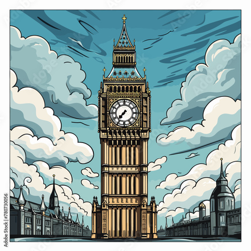 Big Ben hand-drawn comic illustration. Big Ben. Vector doodle style cartoon illustration