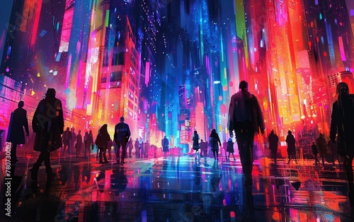 Pedestrians strolling through the futuristic metropolis after dark amidst the vibrant neon lights, depicted in a stunning artwork.