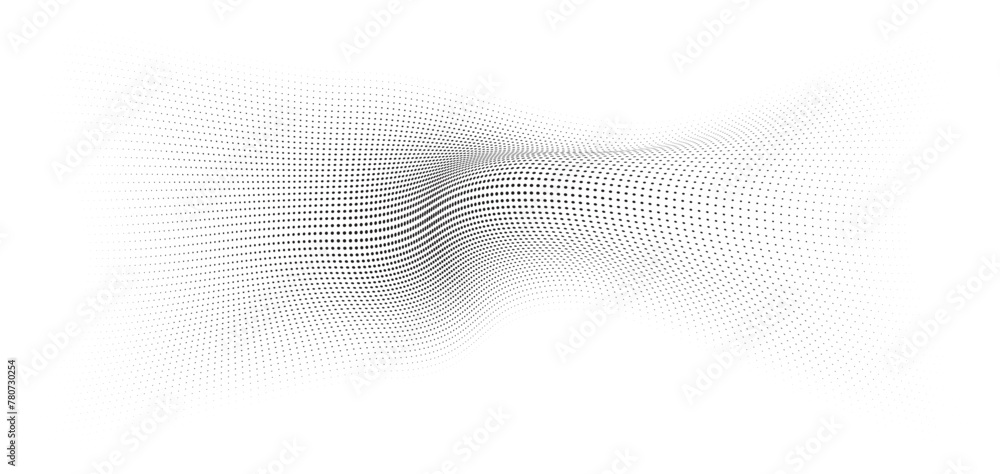 Flowing Wave Dot Halftone Pattern: Curve Gradient Shape on Transparent Background. Suitable for AI, Tech, Network, Digital, Science, and Technology Themes.