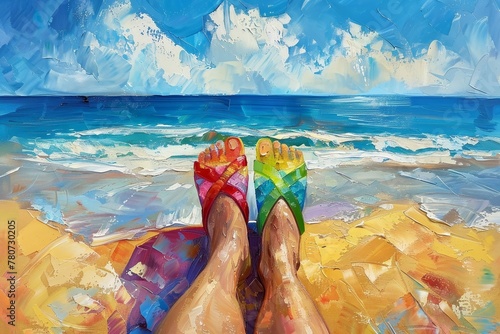 A vibrant art piece featuring a pair of flip-flops resting on a sandy shoreline. photo