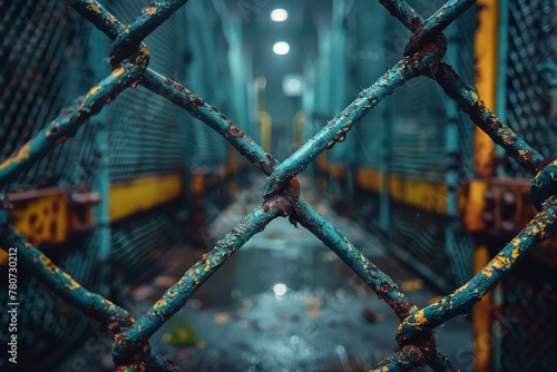 A close-up shot of a corroded and weathered blue metallic fence in an eerie, damp passageway glowing in dim light
