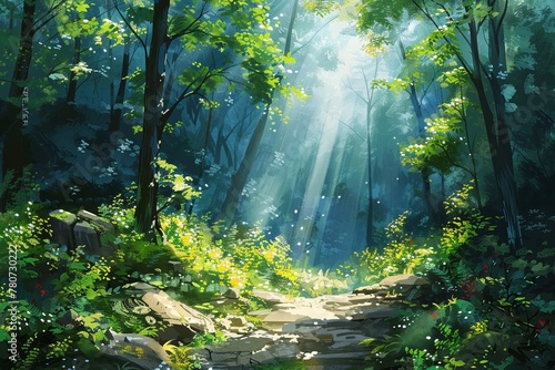 Illustration of a stunning woodland scene with sunlight streaming through the branches, captured in a landscape painting.