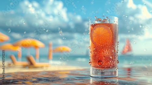 A refreshing summer drink, condensation beading on the glass, reflecting a world of beach umbrellas and distant sails on the horizon