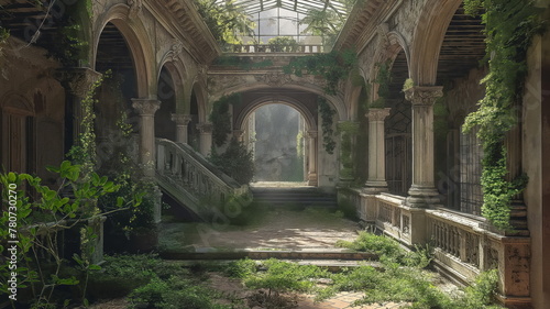Abandoned palace castle overgrown with vegetation, ivy and vines. Empty atrium halls, no one around. Building is captured by nature and vegetation © Mars0hod