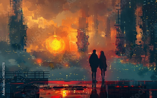 Imagining a futuristic world, where a pair of individuals are depicted standing in a technologically advanced factory, rendered in a digital art format.