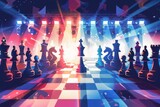 Players from different countries compete under bright lights in a chess tournament illustration.