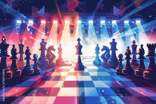 Players from different countries compete under bright lights in a chess tournament illustration. photo