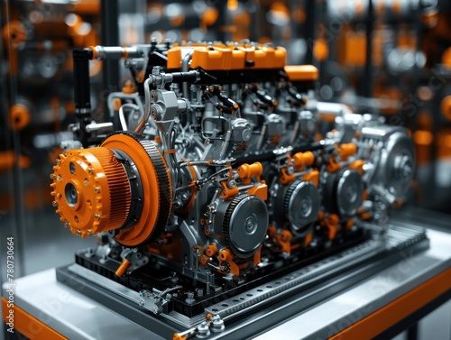 Detailed close-up view of an orange and black engine