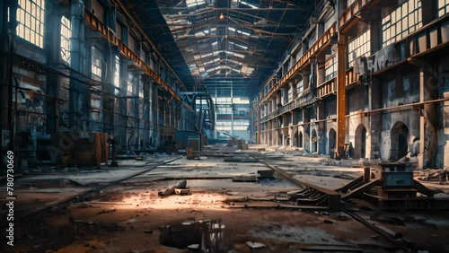 Abandoned factory interior with debris and collapsed structures. Concept of decay and desolation photo