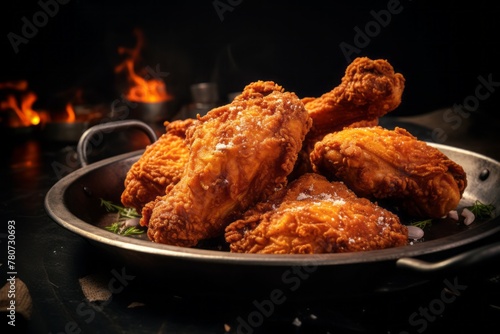 Hearty fried chicken on a metal tray against a dark background