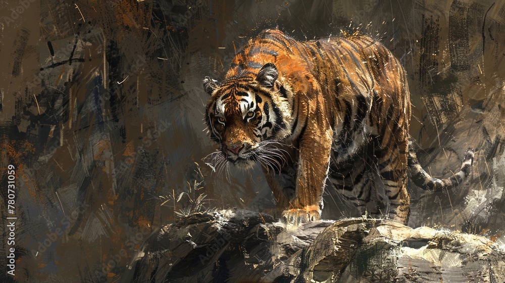 Fototapeta premium Digital painting of a tiger stealthily moving along a narrow cliff wall.