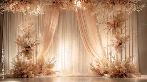 Dreamy wedding stage adorned with a lush floral arch and cascading curtains, bathed in soft light, creating a romantic and enchanting ambiance