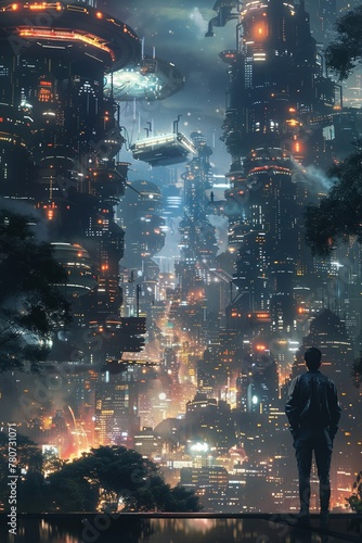 A person gazes at a technologically advanced cityscape under the night sky, artistic portrayal in science fiction genre.