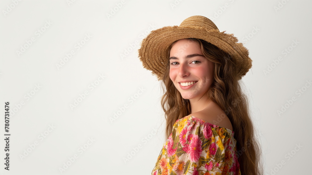 Radiant woman with a joyful smile, wearing a straw hat and a floral off-shoulder dress